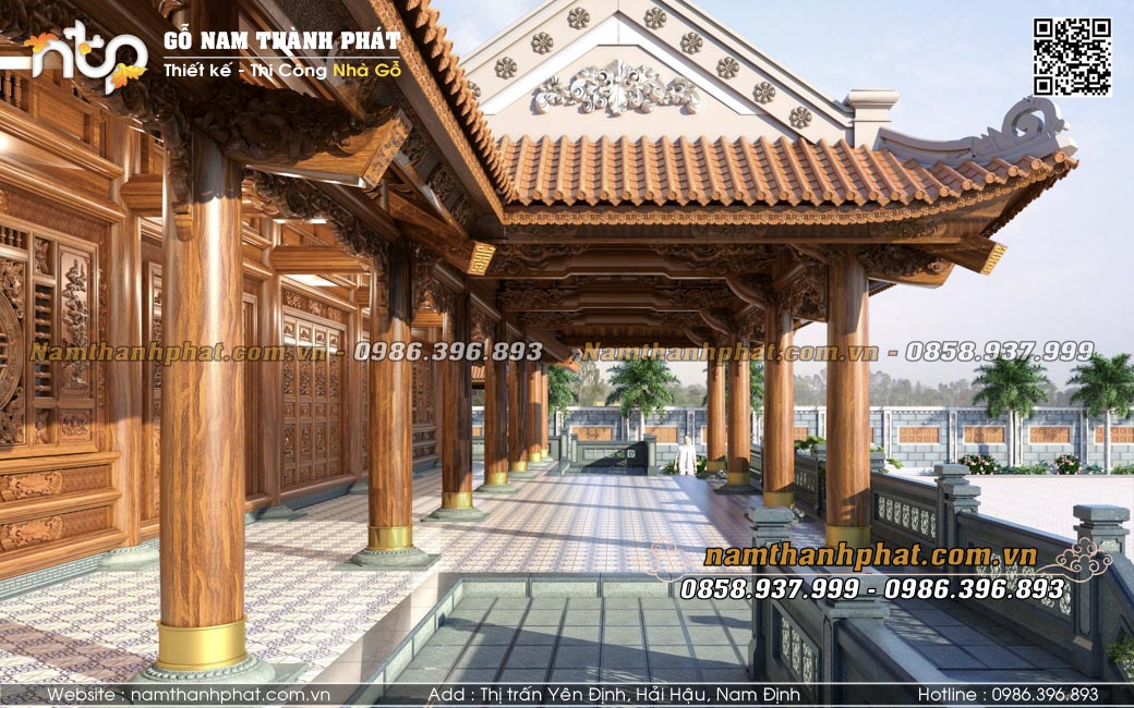 Phần sảnh hiên nahf gỗ 5 gian 2 chái đua ra rộng tới 140m2